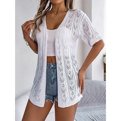 Women's Lightweight Crochet Sweater Short Sleeve Cardigan Knit Hollow Out Sun Protective Cover-Up