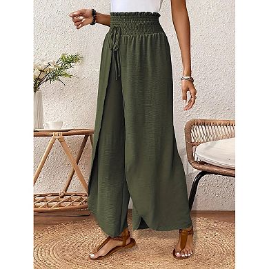 Women Flowy Elegant High Waist Splitted Trousers Wide Leg Elastic Waist Drawstring Pants