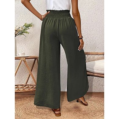 Women Flowy Elegant High Waist Splitted Trousers Wide Leg Elastic Waist Drawstring Pants
