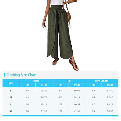 Women Flowy Elegant High Waist Splitted Trousers Wide Leg Elastic Waist Drawstring Pants