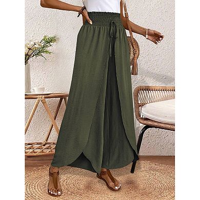 Women Flowy Elegant High Waist Splitted Trousers Wide Leg Elastic Waist Drawstring Pants