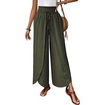 Women Flowy Elegant High Waist Splitted Trousers Wide Leg Elastic Waist Drawstring Pants