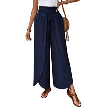 Women Flowy Elegant High Waist Splitted Trousers Wide Leg Elastic Waist Drawstring Pants