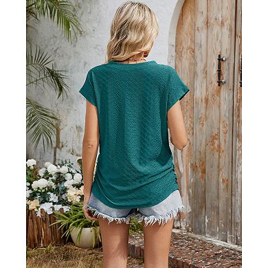 Women's T Shirts Summer Casual V Neck Ladies Tops Elegant Short Sleeve Eyelet Tunic Blouse Shirt