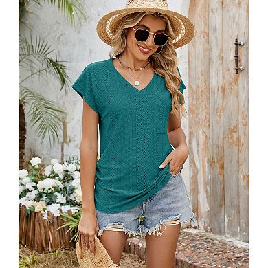 Women's T Shirts Summer Casual V Neck Ladies Tops Elegant Short Sleeve Eyelet Tunic Blouse Shirt