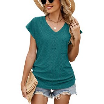 Women's T Shirts Summer Casual V Neck Ladies Tops Elegant Short Sleeve Eyelet Tunic Blouse Shirt