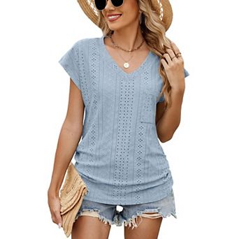 Women's T Shirts Summer Casual V Neck Ladies Tops Elegant Short Sleeve Eyelet Tunic Blouse Shirt
