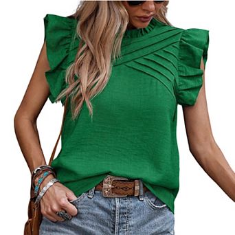 Women's Summer Tops Casual Crewneck Ruffle Cap Sleeve Tunic Shirts Blouses