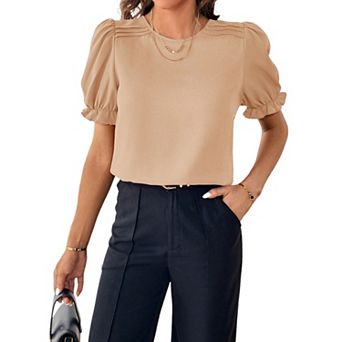 Womens Lantern Short Sleeve T Shirts Ruffle Plain Crewneck Tunic Tops Dressy Summer Shirts