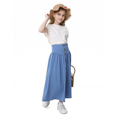 Girl Maxi Skirt Elastic High Waist A-Line Long Skirt Smocked Waistband with Drawstring and Pockets