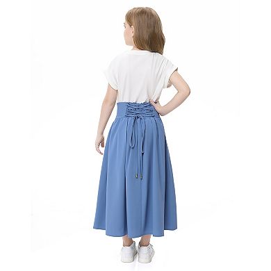 Girl Maxi Skirt Elastic High Waist A-Line Long Skirt Smocked Waistband with Drawstring and Pockets
