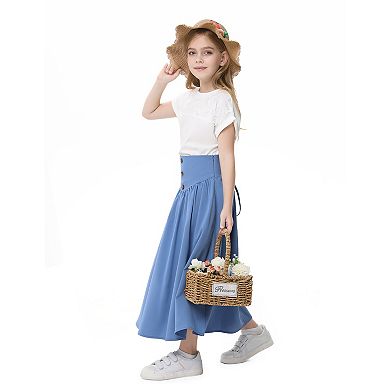 Girl Maxi Skirt Elastic High Waist A-Line Long Skirt Smocked Waistband with Drawstring and Pockets
