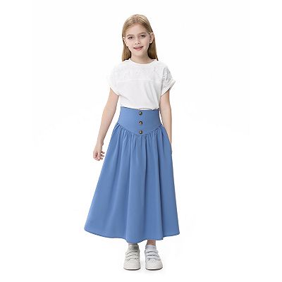 Girl Maxi Skirt Elastic High Waist A-Line Long Skirt Smocked