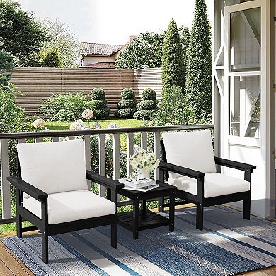 Outdoor Patio HDPE Conversation Set, 2 Armchairs & Double End Table, Removable Cushions Included