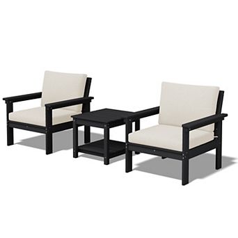 Outdoor Patio HDPE Conversation Set, 2 Armchairs & Double End Table, Removable Cushions Included
