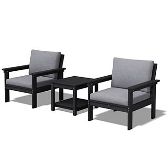 Outdoor Patio HDPE Conversation Set, 2 Armchairs & Double End Table, Removable Cushions Included