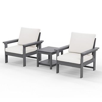 Outdoor Patio HDPE Conversation Set, 2 Armchairs & Double End Table, Removable Cushions Included