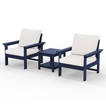 Outdoor Patio HDPE Conversation Set, 2 Armchairs & Double End Table, Removable Cushions Included