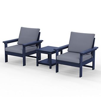 Outdoor Patio HDPE Conversation Set, 2 Armchairs & Double End Table, Removable Cushions Included