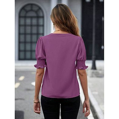 Women V Neck Shirts Short Sleeve Blouse Solid Shirred Top Work Tunic Comfy Chiffon Tee