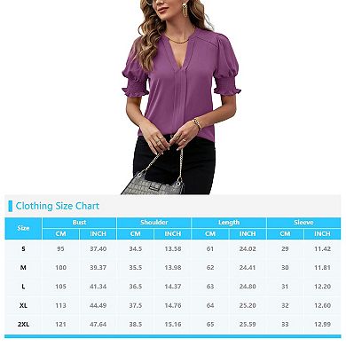 Women V Neck Shirts Short Sleeve Blouse Solid Shirred Top Work Tunic Comfy Chiffon Tee