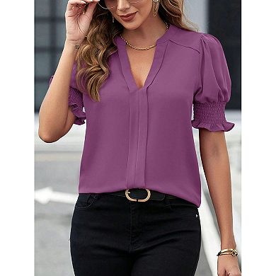 Women V Neck Shirts Short Sleeve Blouse Solid Shirred Top Work Tunic Comfy Chiffon Tee