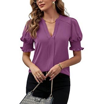 Women V Neck Shirts Short Sleeve Blouse Solid Shirred Top Work Tunic Comfy Chiffon Tee