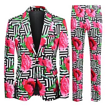 Men's Geometric Floral 2 pc Suit Slim-Fit 1 Button Blazer & Pants