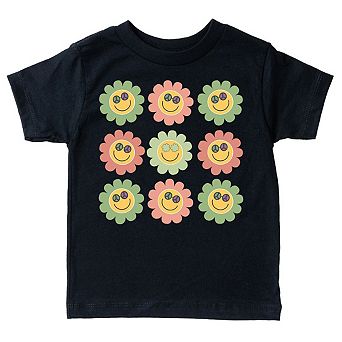 Smiley Flowers With Sunglasses Toddler Short Sleeve Graphic Tee