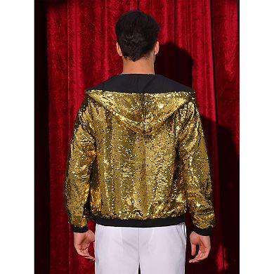 Sequins Jacket for Men's Long Sleeves Zip Up Flip-Sequin Sparkle Metallic Hoodie Jackets