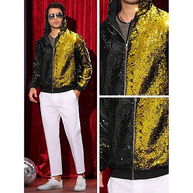 Sequins Jacket for Men's Long Sleeves Zip Up Flip-Sequin Sparkle Metallic Hoodie Jackets