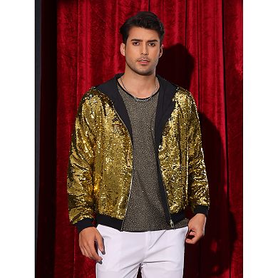 Sequins Jacket for Men's Long Sleeves Zip Up Flip-Sequin Sparkle Metallic Hoodie Jackets