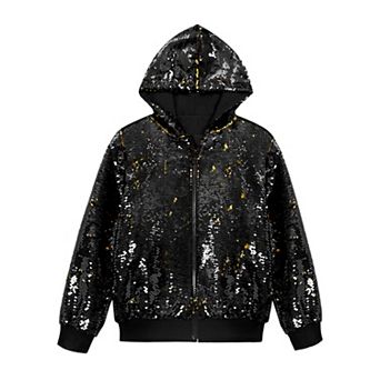 Sequins Jacket for Men's Long Sleeves Zip Up Flip-Sequin Sparkle Metallic Hoodie Jackets