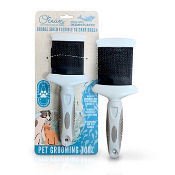 Precious Tails Ocean Plastic by PT Gray Double-Sided Flexible Pet Slicker Brush