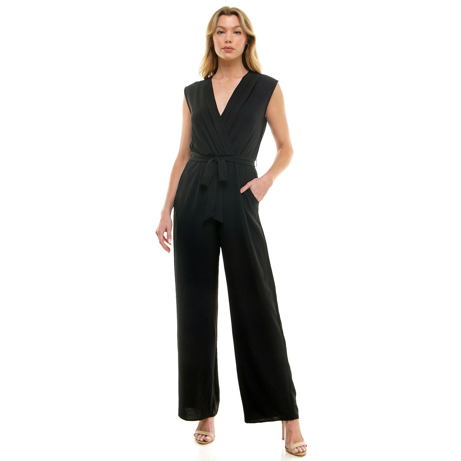 Женский комбинезон Luxology Surplice Bodice Tie-Front Wide Leg Jumpsuit, цвет: Чёрный