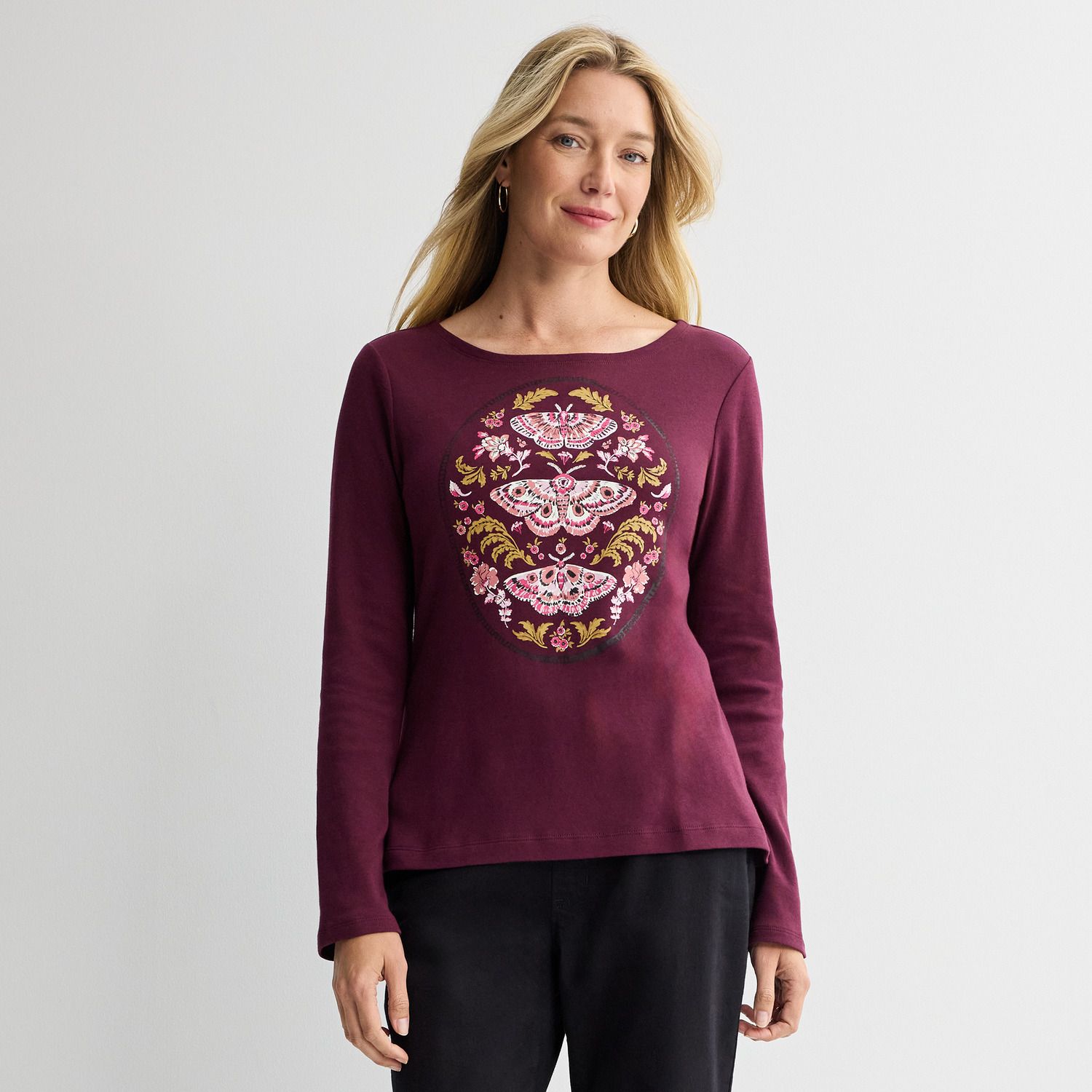 Женская футболка Croft & Barrow Long Sleeve Harvest Motif, цвет: Ягодный