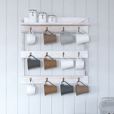 Merrick Lane Steeley Wooden Wall Mount Mug Rack Organizer with Upper Storage Shelf