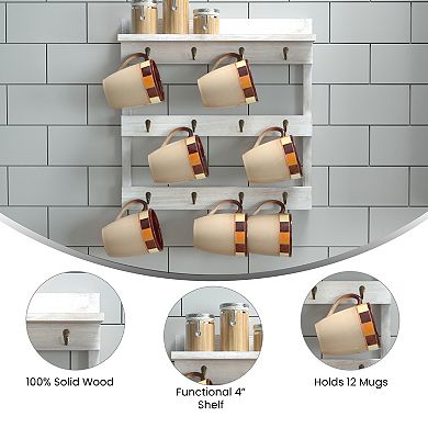 Merrick Lane Steeley Wooden Wall Mount Mug Rack Organizer with Upper Storage Shelf
