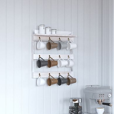 Merrick Lane Steeley Wooden Wall Mount Mug Rack Organizer with Upper Storage Shelf