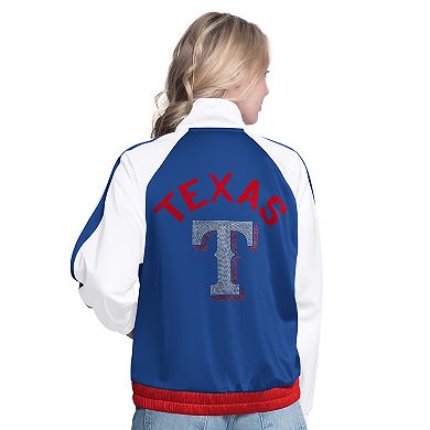Women's G-III Sports by Carl Banks White/Royal Texas Rangers Rally Rhinestone Raglan Full-Zip Track Jacket