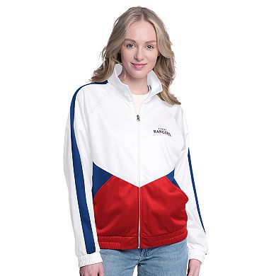 Women's G-III Sports by Carl Banks White/Royal Texas Rangers Rally Rhinestone Raglan Full-Zip Track Jacket