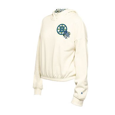 Women's New Era Cream Boston Bruins Glam Game Quarter-Zip Cropped Floral Hoodie Pullover