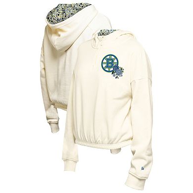 Women's New Era Cream Boston Bruins Glam Game Quarter-Zip Cropped Floral Hoodie Pullover
