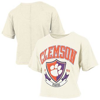 Women's Pressbox Cream Clemson Tigers Buckler Vintage Cropped T-Shirt