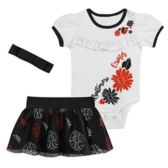 "Newborn White/Black Baltimore Orioles Sweet Catcher 3 pc Bodysuit, Headband and Skirt Set"