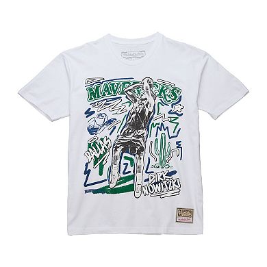 Men's Mitchell & Ness Dirk Nowitzki White Dallas Mavericks Hardwood Classics Chalked Up T-Shirt