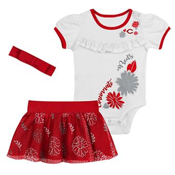 "Newborn White/Red Cincinnati Reds Sweet Catcher 3 pc Bodysuit, Headband and Skirt Set"