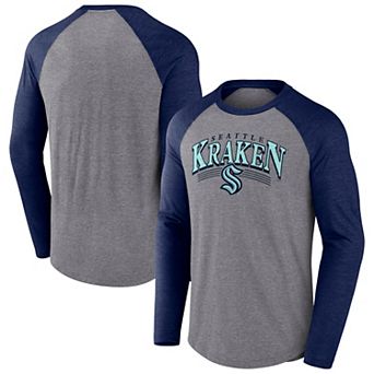 Men's Fanatics Heather Gray/Heather Deep Sea Blue Seattle Kraken Goal Crease Raglan Tri-Blend Long Sleeve T-Shirt