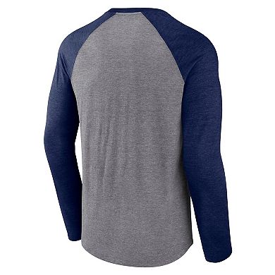 Men's Fanatics Heather Gray/Heather Deep Sea Blue Seattle Kraken Goal Crease Raglan Tri-Blend Long Sleeve T-Shirt