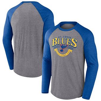Men's Fanatics Heather Gray/Heather Blue St. Louis Blues Goal Crease Raglan Tri-Blend Long Sleeve T-Shirt